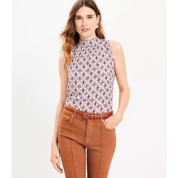 Loft Women's Jacquard Mock Neck Shell Blouse Pink Floral Geometric Print Size L - Picture 1 of 9